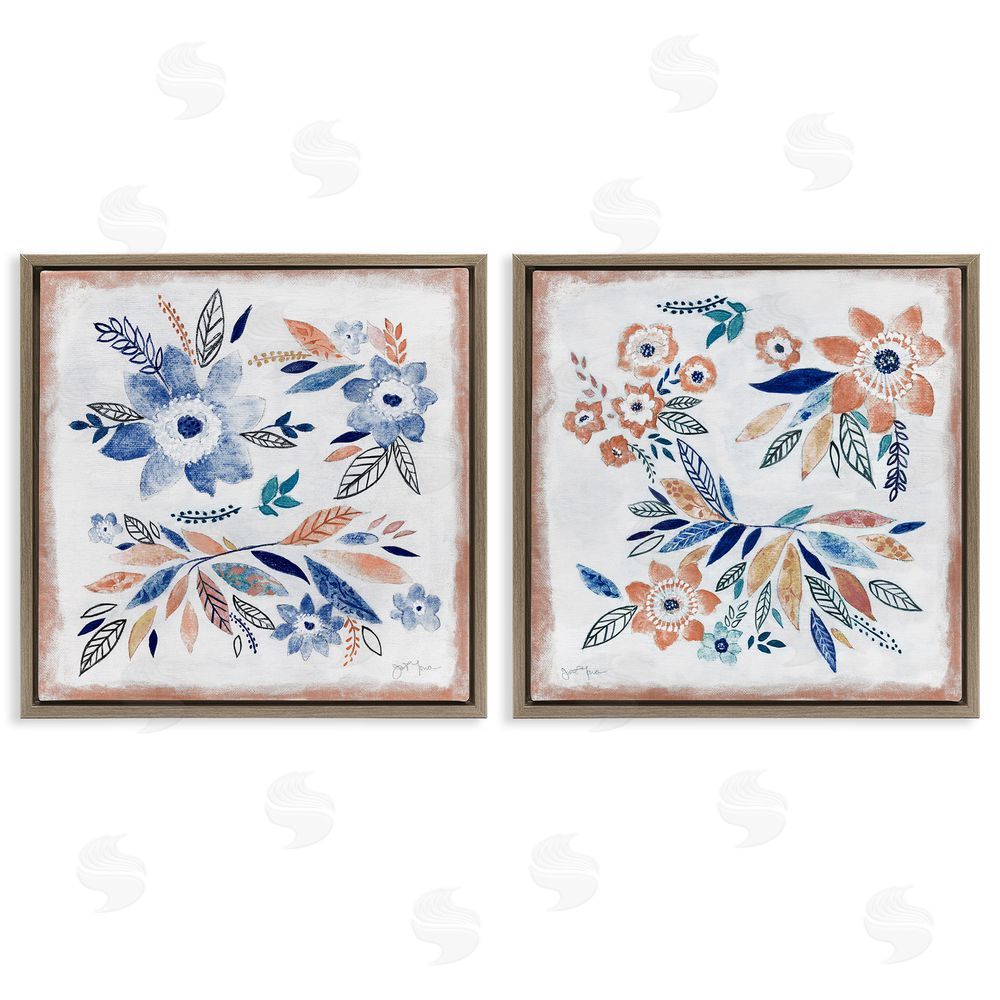 Janet Tava Abstract Farmhouse Flowers and Leaves Brown Floating Frame Canvas Wall Art Print