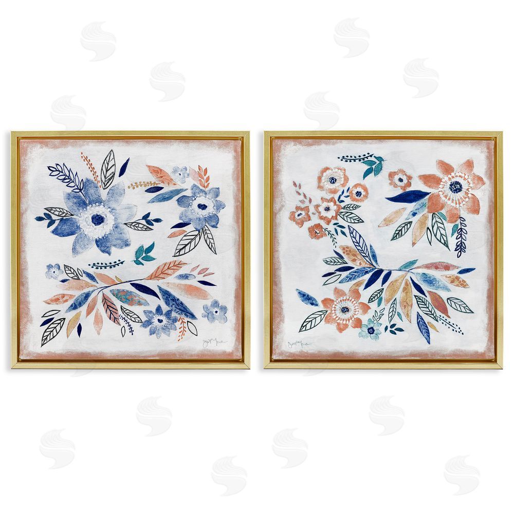 Janet Tava Abstract Farmhouse Flowers and Leaves Gold Floating Frame Canvas Wall Art Print