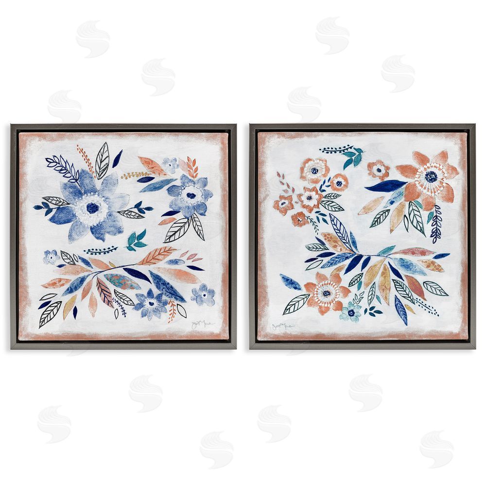 Janet Tava Abstract Farmhouse Flowers and Leaves Gray Floating Frame Canvas Wall Art Print