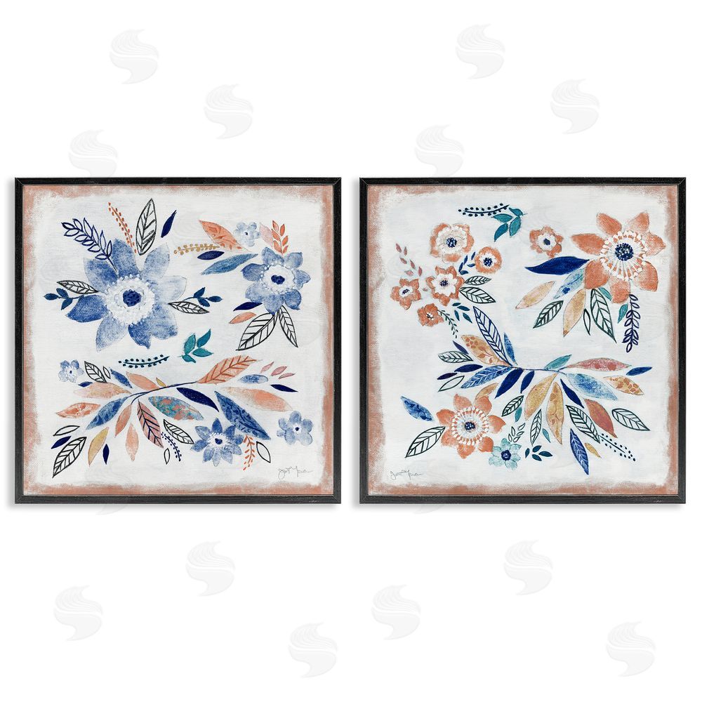 Janet Tava Abstract Farmhouse Flowers and Leaves Black Framed Giclee Wall Art Print