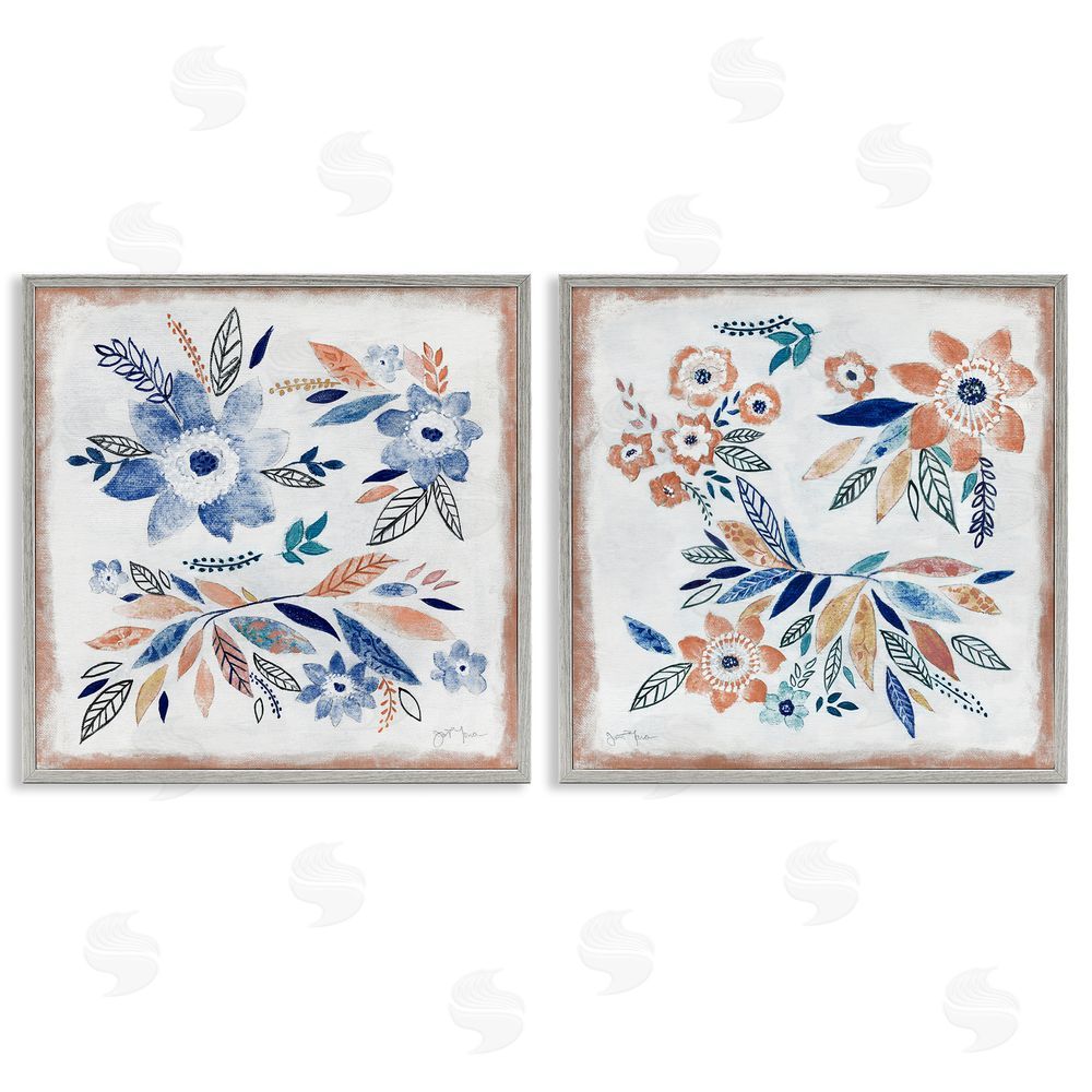 Janet Tava Abstract Farmhouse Flowers and Leaves Gray Framed Giclee Wall Art Print