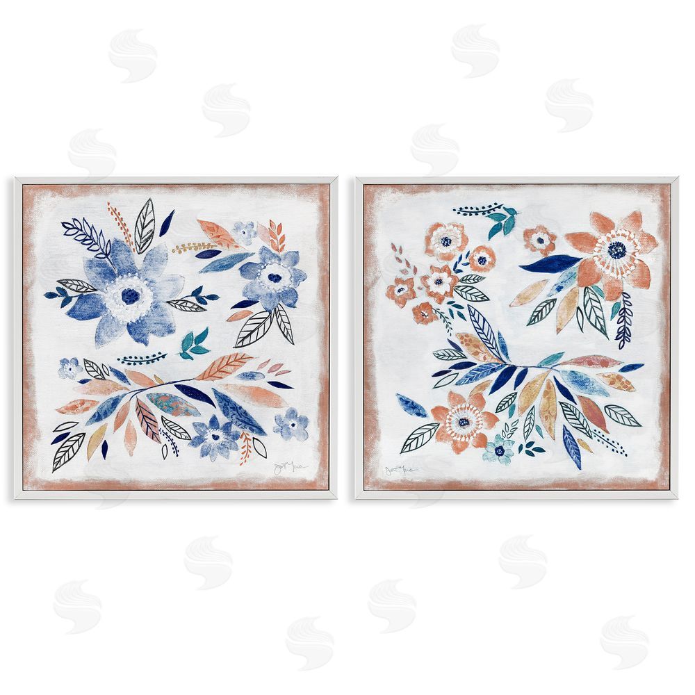 Janet Tava Abstract Farmhouse Flowers and Leaves White Framed Giclee Wall Art Print