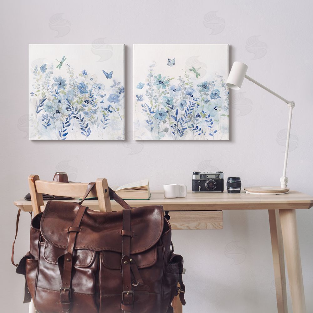 Sally Swatland Fluttering Insects Blooming Blue Garden Canvas Wall Art Print in Room
