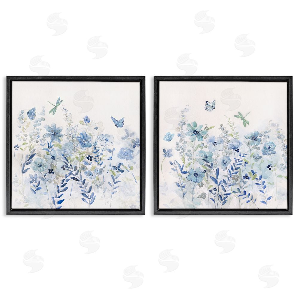 Sally Swatland Fluttering Insects Blooming Blue Garden Black Floating Frame Canvas Wall Art Print