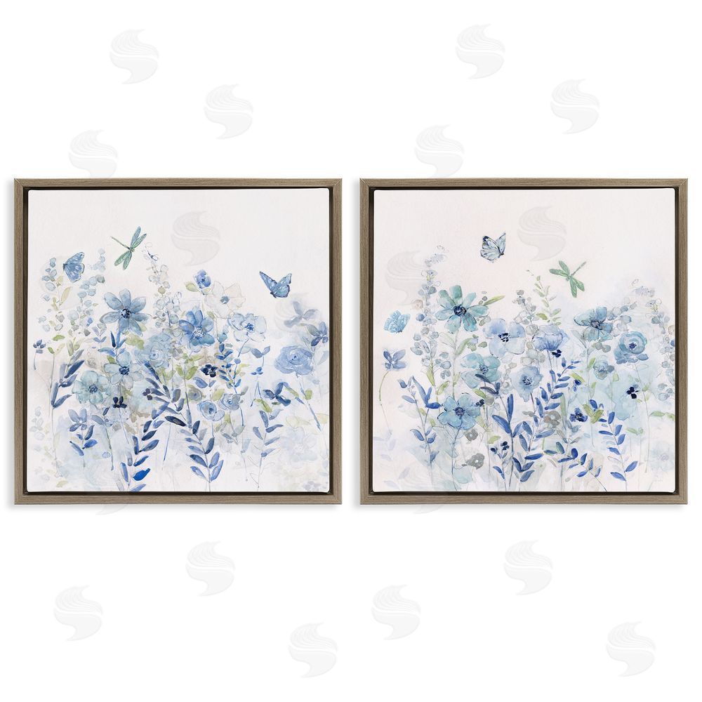 Sally Swatland Fluttering Insects Blooming Blue Garden Brown Floating Frame Canvas Wall Art Print