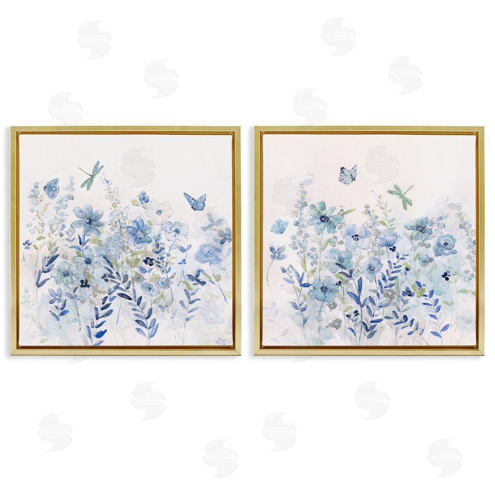 Sally Swatland Fluttering Insects Blooming Blue Garden Gold Floating Frame Canvas Wall Art Print