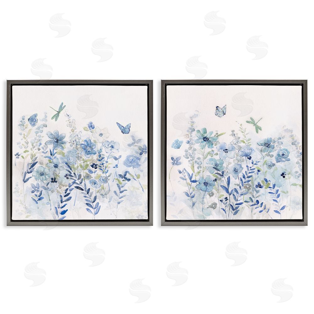 Sally Swatland Fluttering Insects Blooming Blue Garden Gray Floating Frame Canvas Wall Art Print