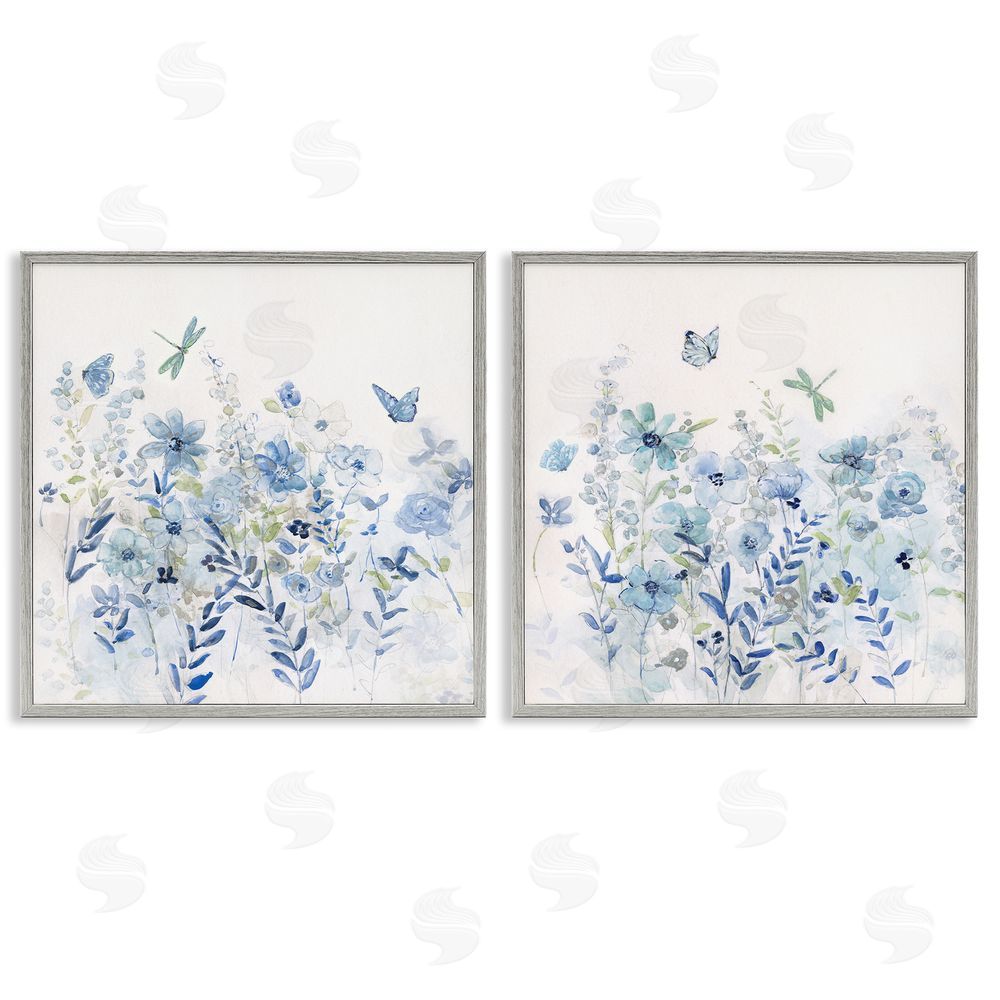 Sally Swatland Fluttering Insects Blooming Blue Garden Gray Framed Giclee Wall Art Print