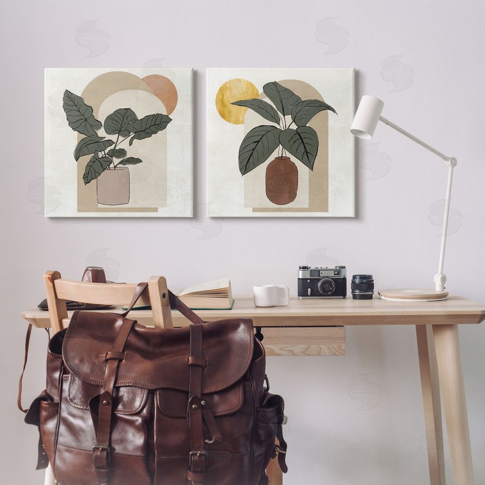 Janet Tava Potted Plant Leaves Geometric Shapes Canvas Wall Art Print in Room