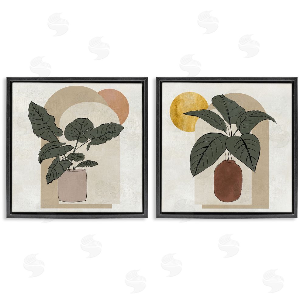 Janet Tava Potted Plant Leaves Geometric Shapes Black Floating Frame Canvas Wall Art Print