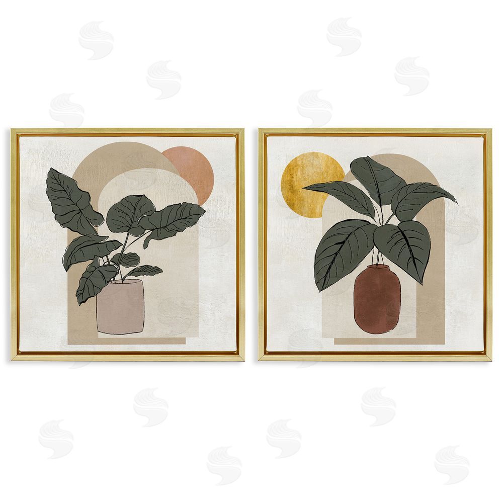 Janet Tava Potted Plant Leaves Geometric Shapes Gold Floating Frame Canvas Wall Art Print