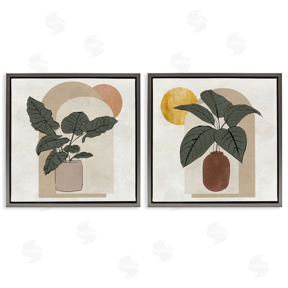 Janet Tava Potted Plant Leaves Geometric Shapes Gray Floating Frame Canvas Wall Art Print