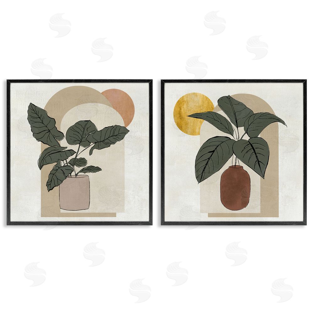 Janet Tava Potted Plant Leaves Geometric Shapes Black Framed Giclee Wall Art Print