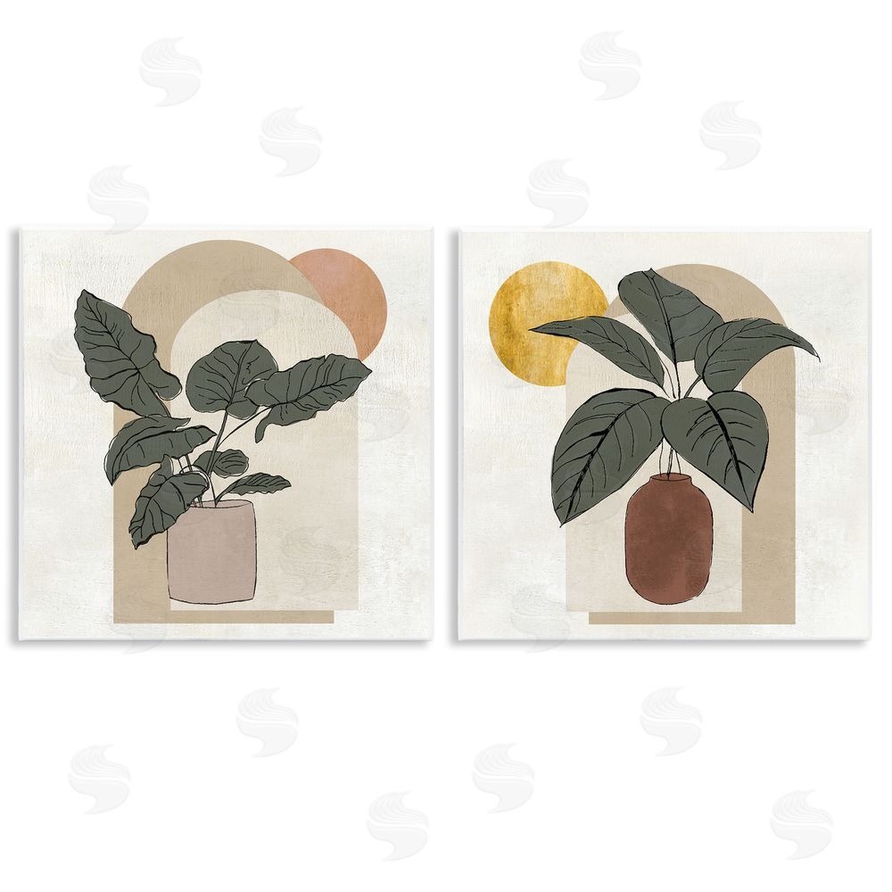 Janet Tava Potted Plant Leaves Geometric Shapes Wooden Wall Plaque Art Print