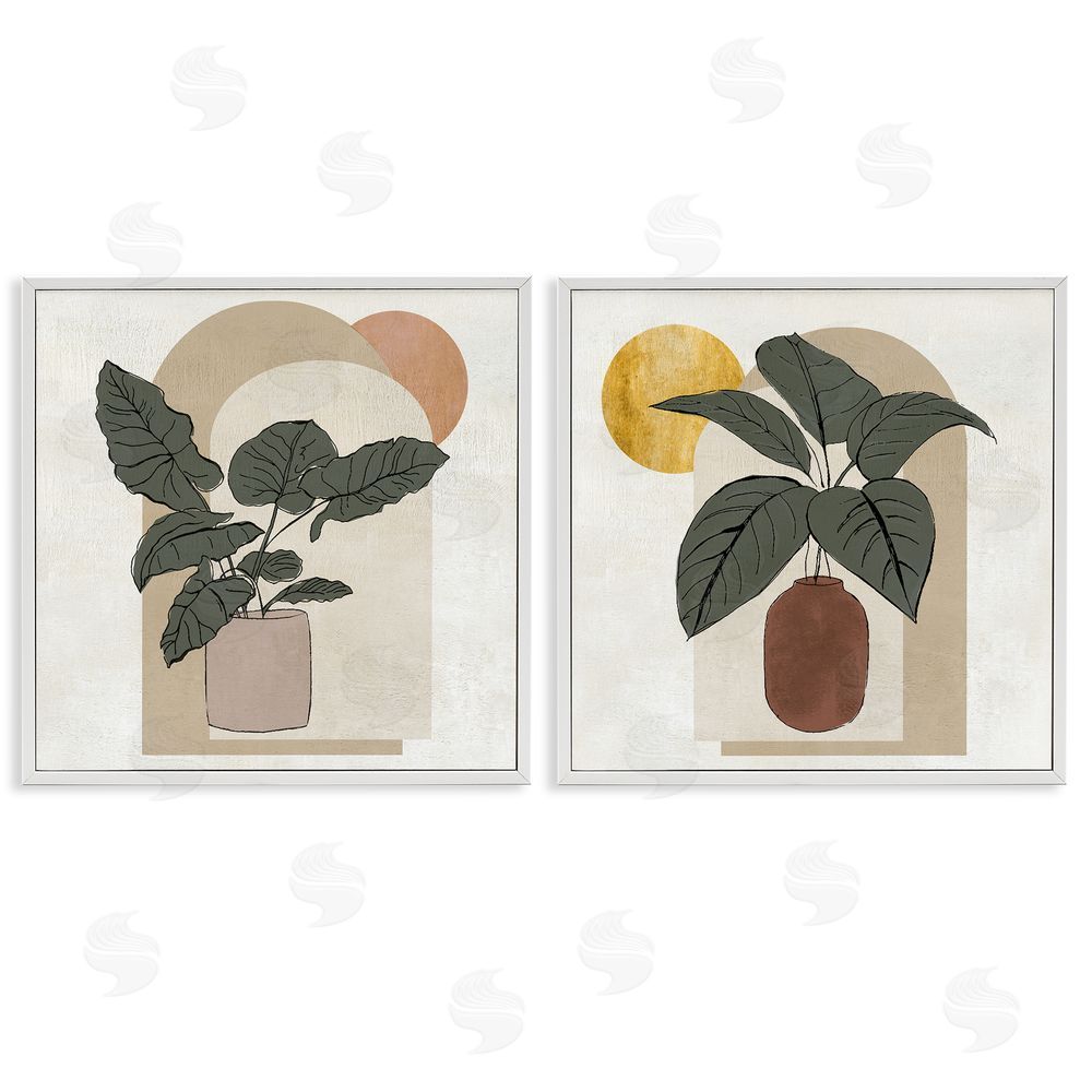 Janet Tava Potted Plant Leaves Geometric Shapes White Framed Giclee Wall Art Print