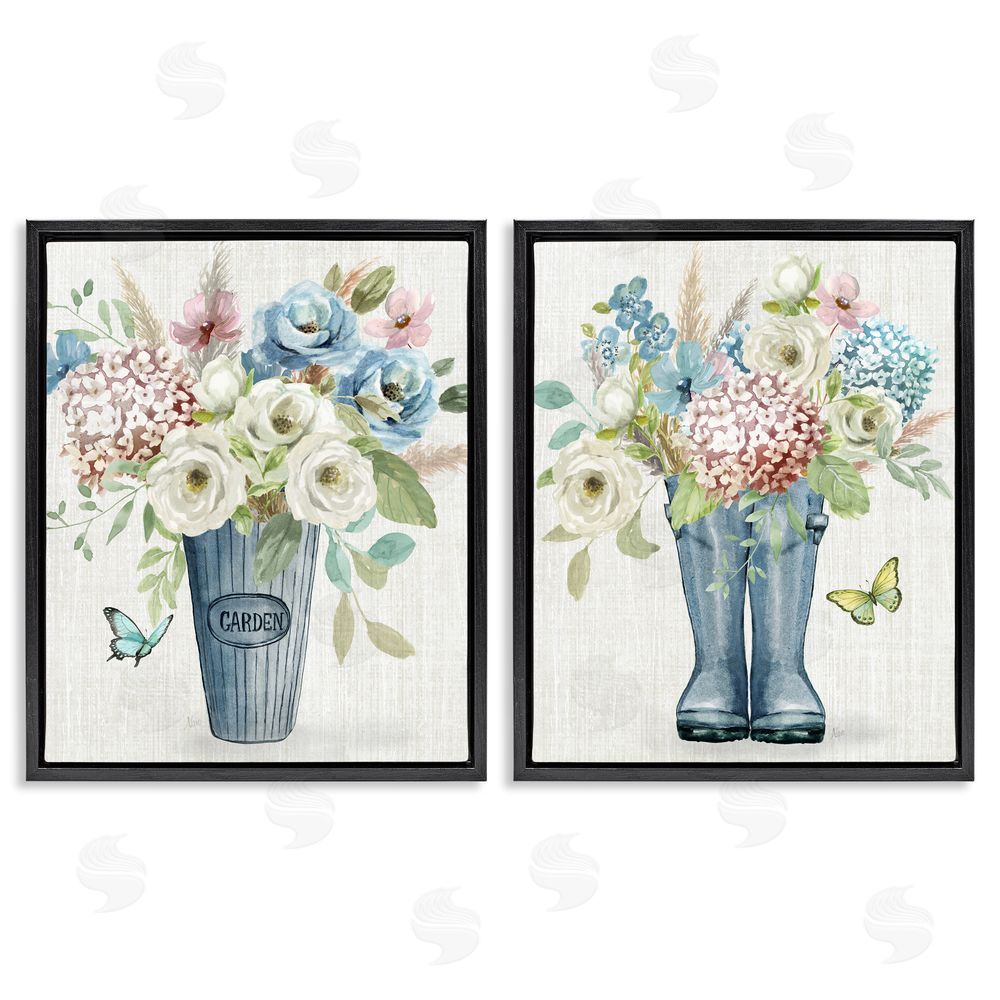 Nan Country Garden Bouquets Rain Boots Black Floating Frame Canvas Wall Art Print