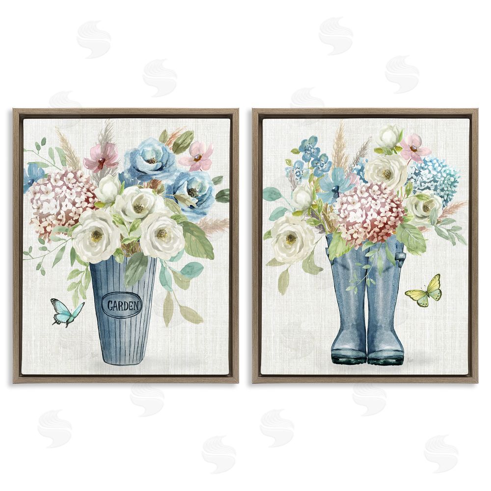 Nan Country Garden Bouquets Rain Boots Brown Floating Frame Canvas Wall Art Print