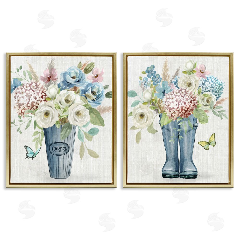 Nan Country Garden Bouquets Rain Boots Gold Floating Frame Canvas Wall Art Print