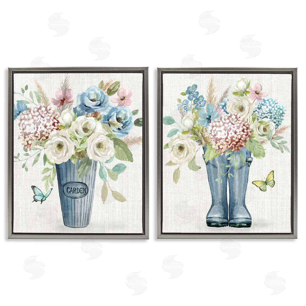 Nan Country Garden Bouquets Rain Boots Gray Floating Frame Canvas Wall Art Print