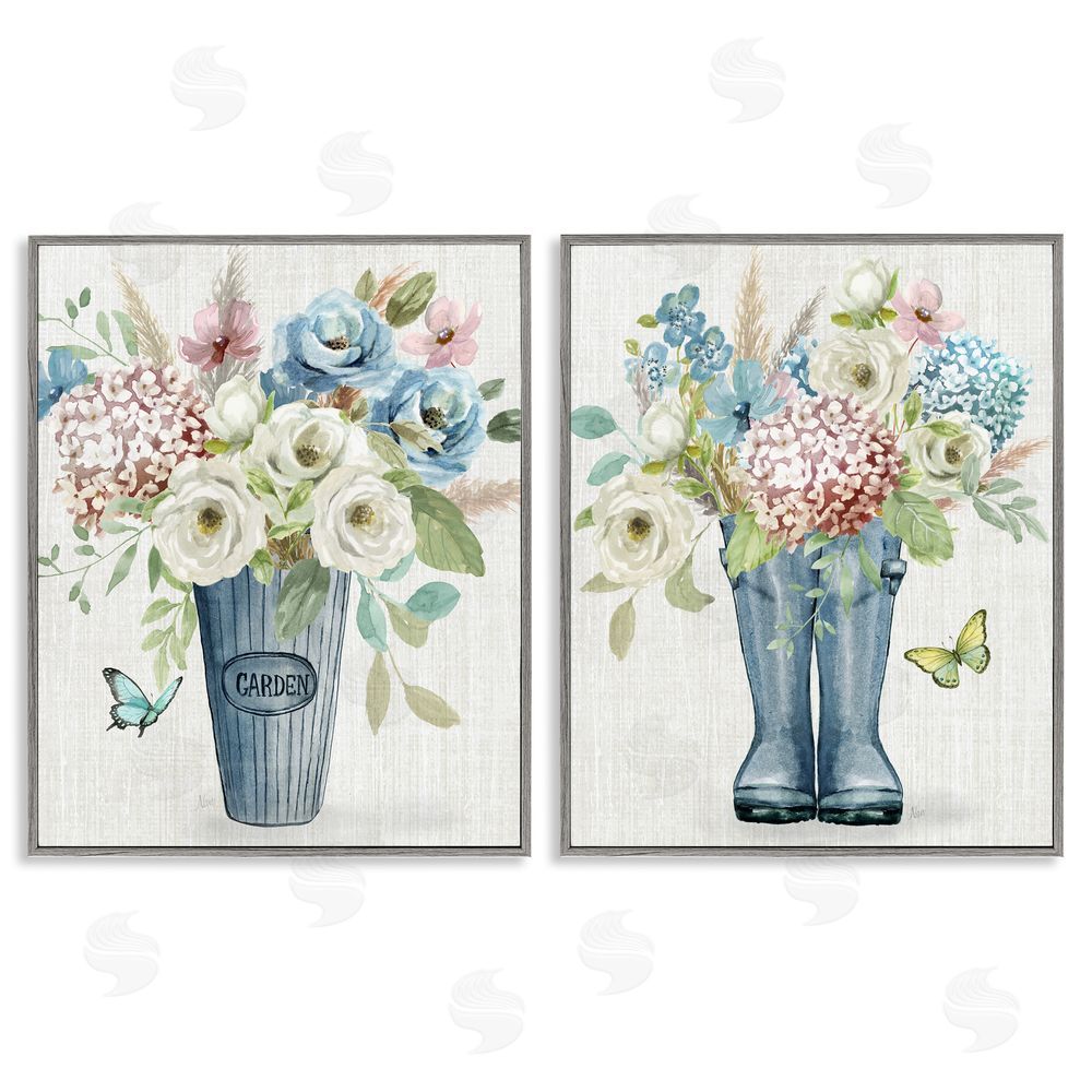 Nan Country Garden Bouquets Rain Boots Gray Framed Giclee Wall Art Print