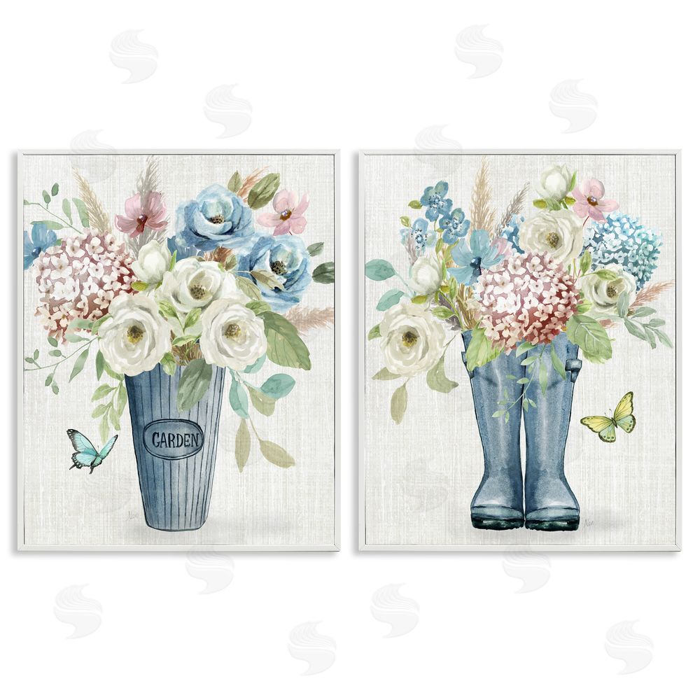 Nan Country Garden Bouquets Rain Boots White Framed Giclee Wall Art Print