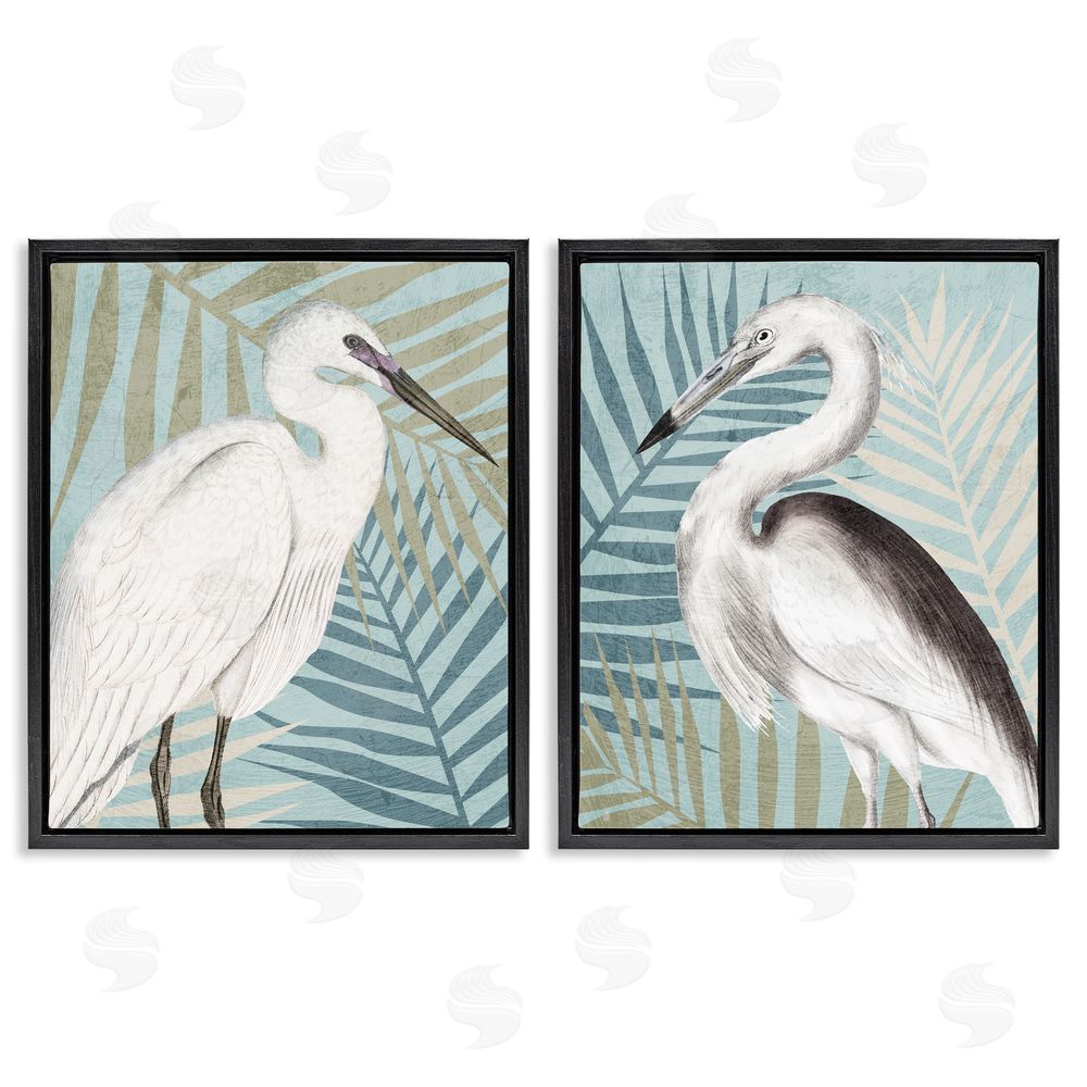 Kim Allen Heron Birds Layered Plant Leaves Black Floating Frame Canvas Wall Art Print