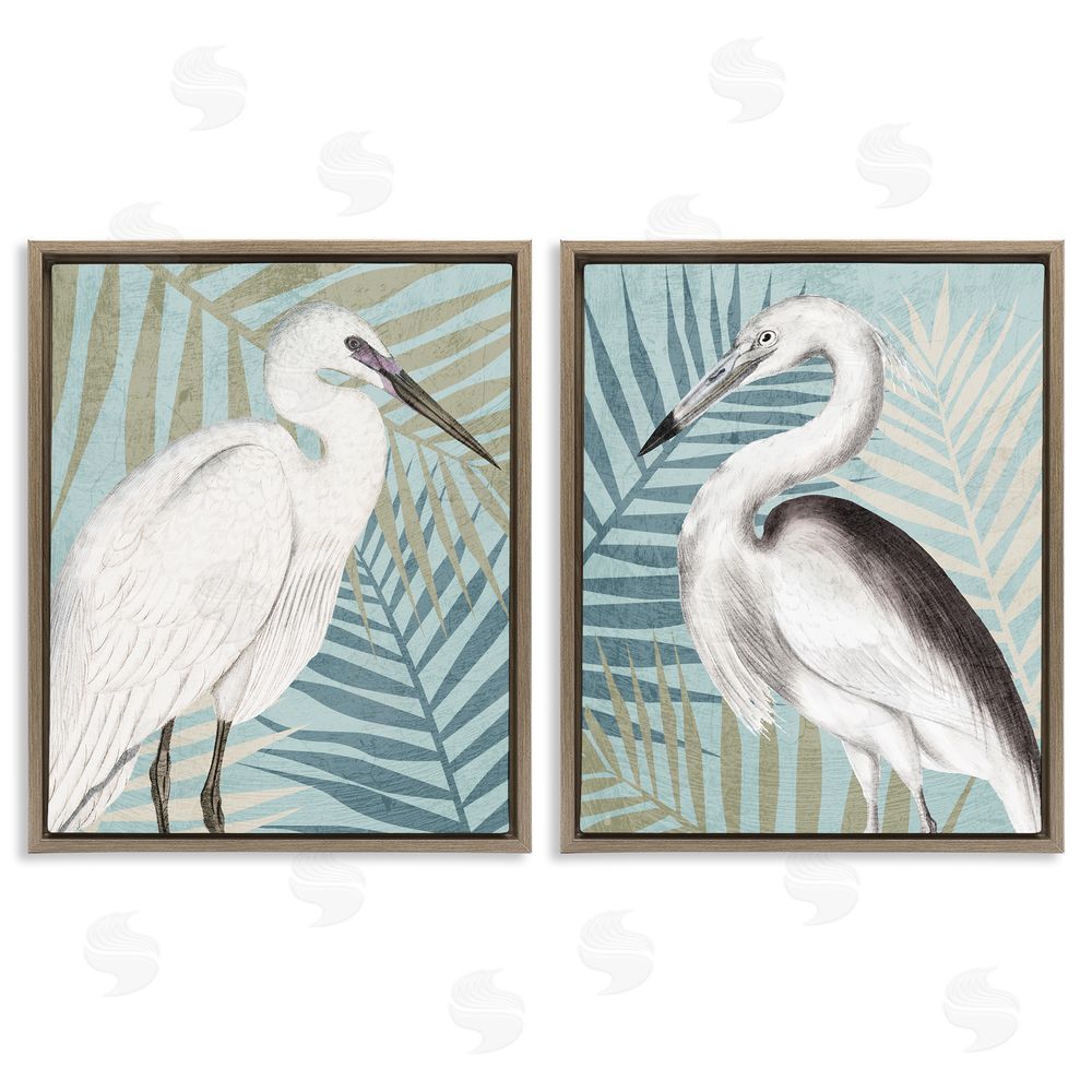 Kim Allen Heron Birds Layered Plant Leaves Brown Floating Frame Canvas Wall Art Print