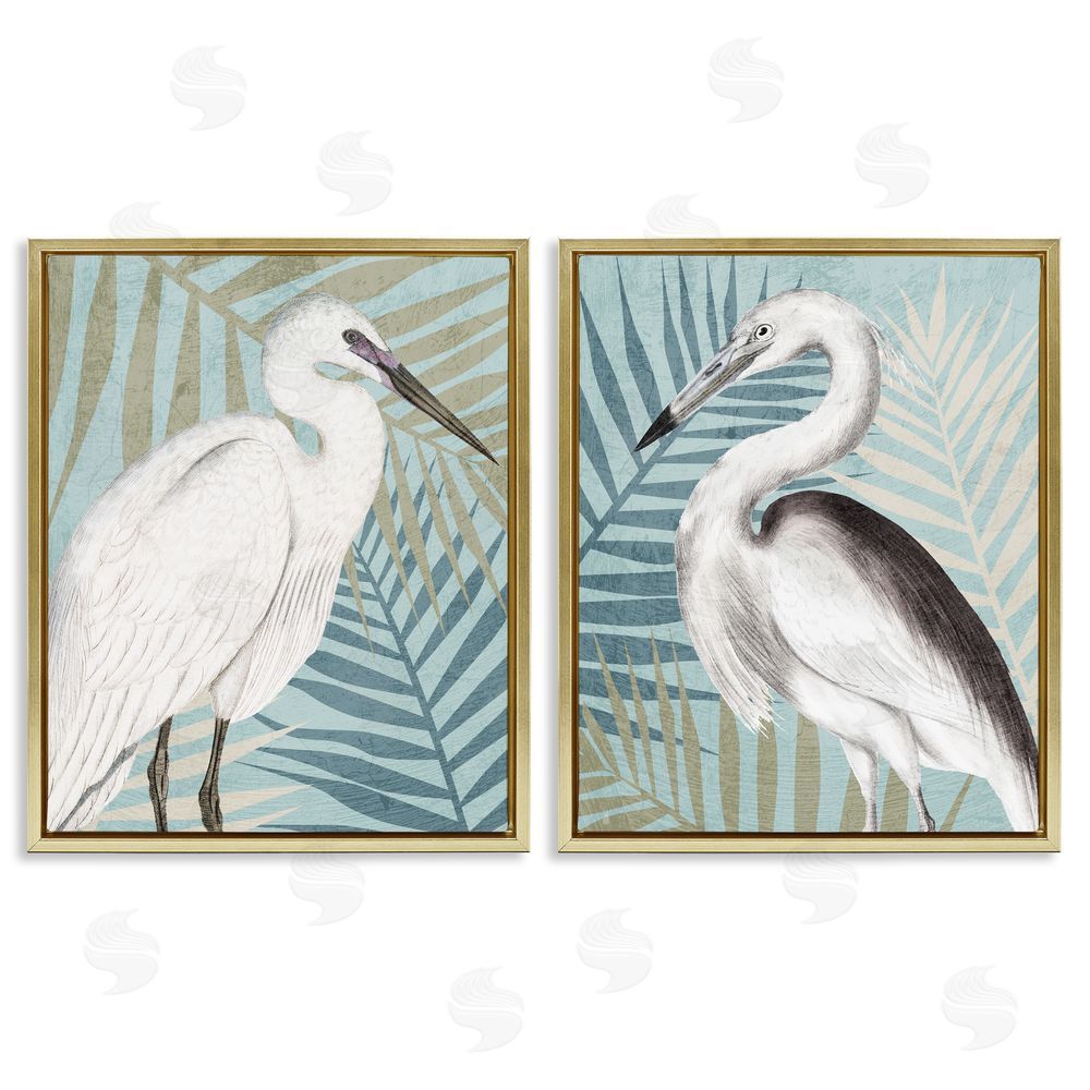 Kim Allen Heron Birds Layered Plant Leaves Gold Floating Frame Canvas Wall Art Print