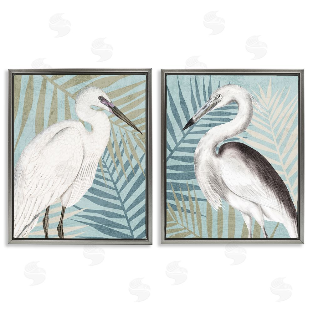 Kim Allen Heron Birds Layered Plant Leaves Gray Floating Frame Canvas Wall Art Print