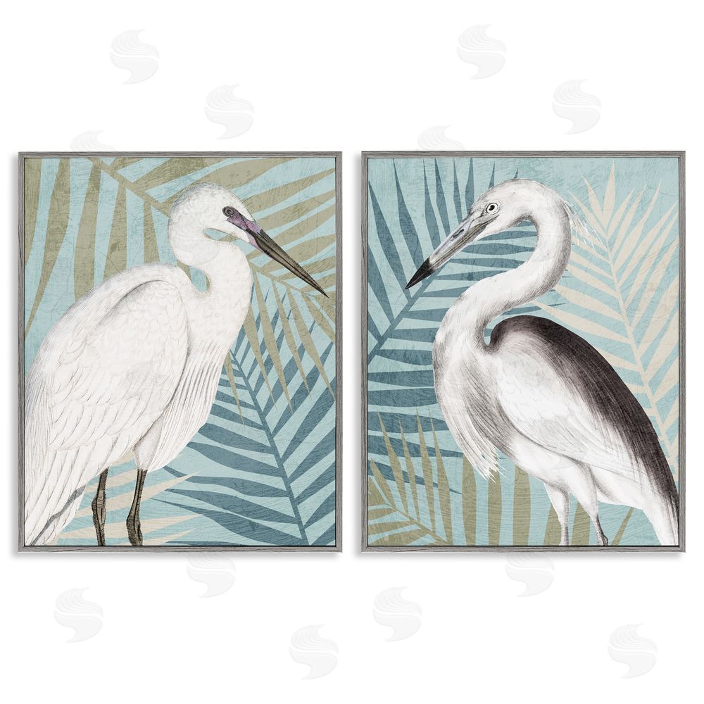 Kim Allen Heron Birds Layered Plant Leaves Gray Framed Giclee Wall Art Print