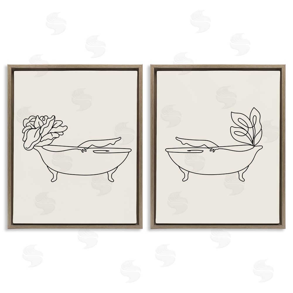 Stupell Studio Floral Bathtub Relaxing Doodle Brown Floating Frame Canvas Wall Art Print