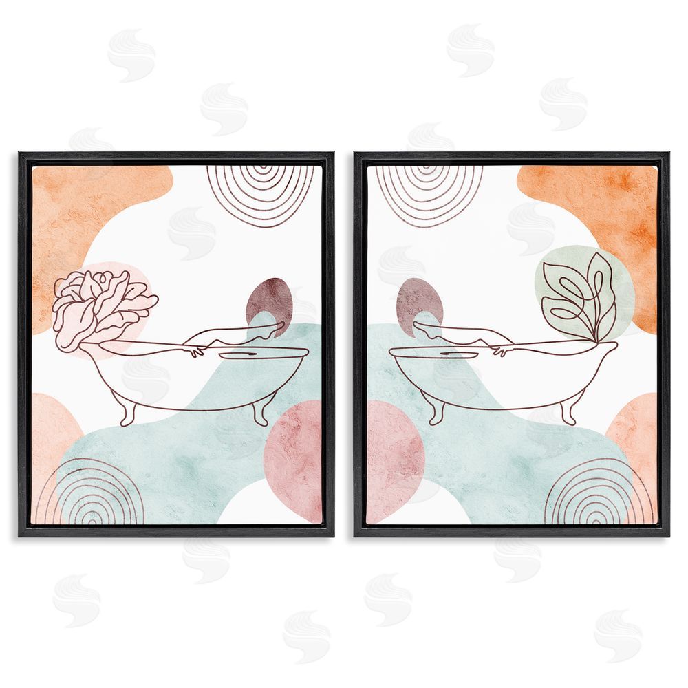 Stupell Studio Floral Bathtub Geometric Doodle Shapes Black Floating Frame Canvas Wall Art Print