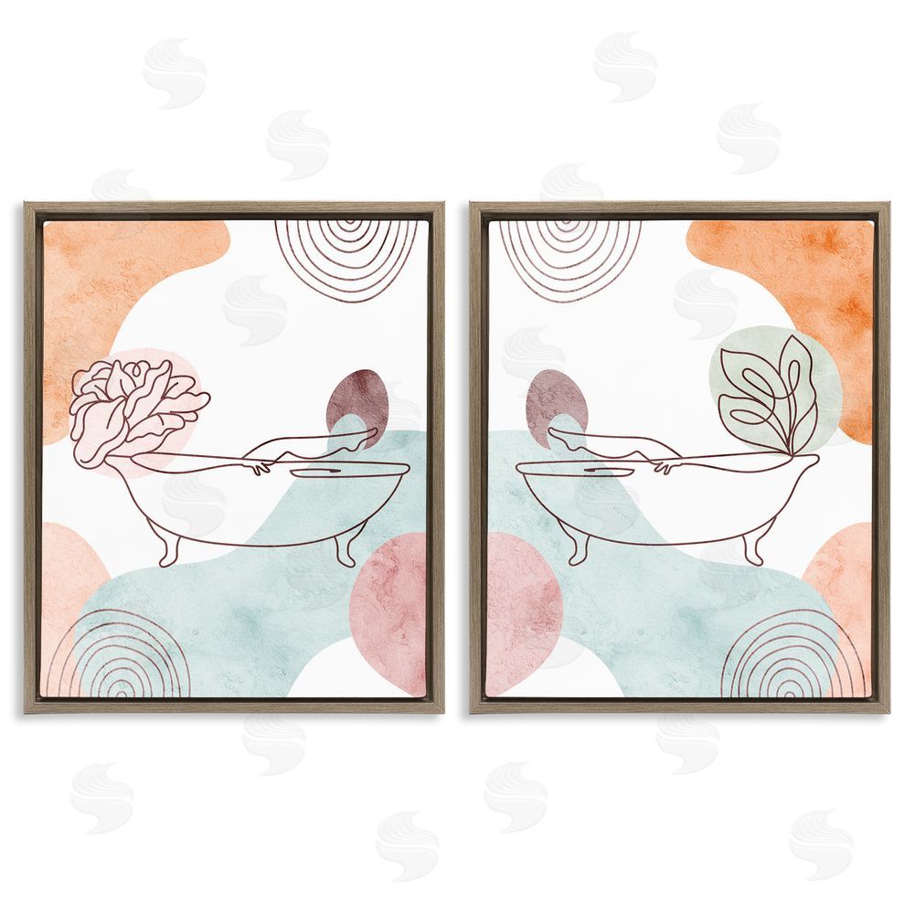 Stupell Studio Floral Bathtub Geometric Doodle Shapes Brown Floating Frame Canvas Wall Art Print