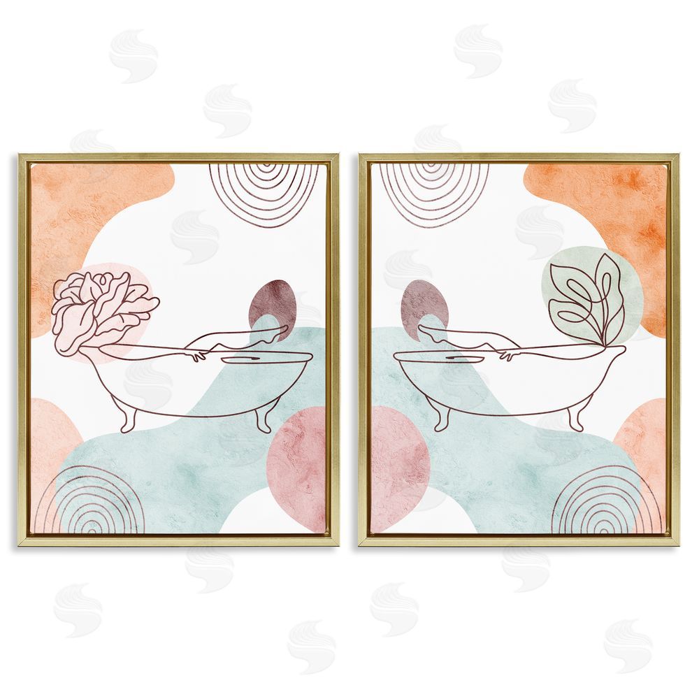 Stupell Studio Floral Bathtub Geometric Doodle Shapes Gold Floating Frame Canvas Wall Art Print