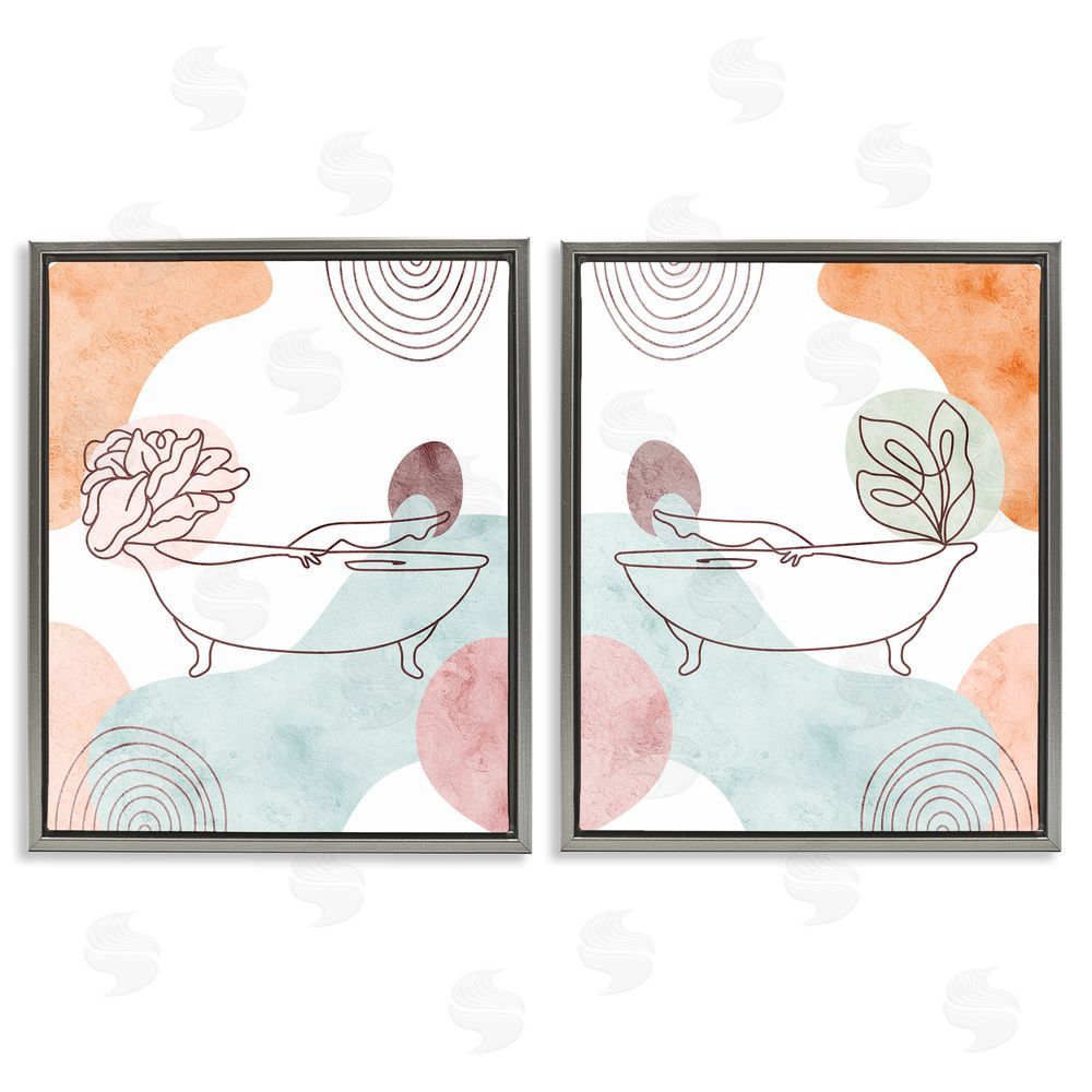 Stupell Studio Floral Bathtub Geometric Doodle Shapes Gray Floating Frame Canvas Wall Art Print