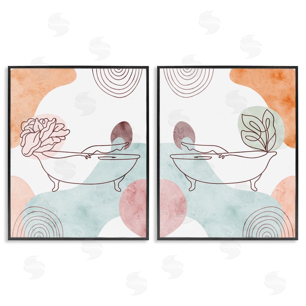 Stupell Studio Floral Bathtub Geometric Doodle Shapes Black Framed Giclee Wall Art Print