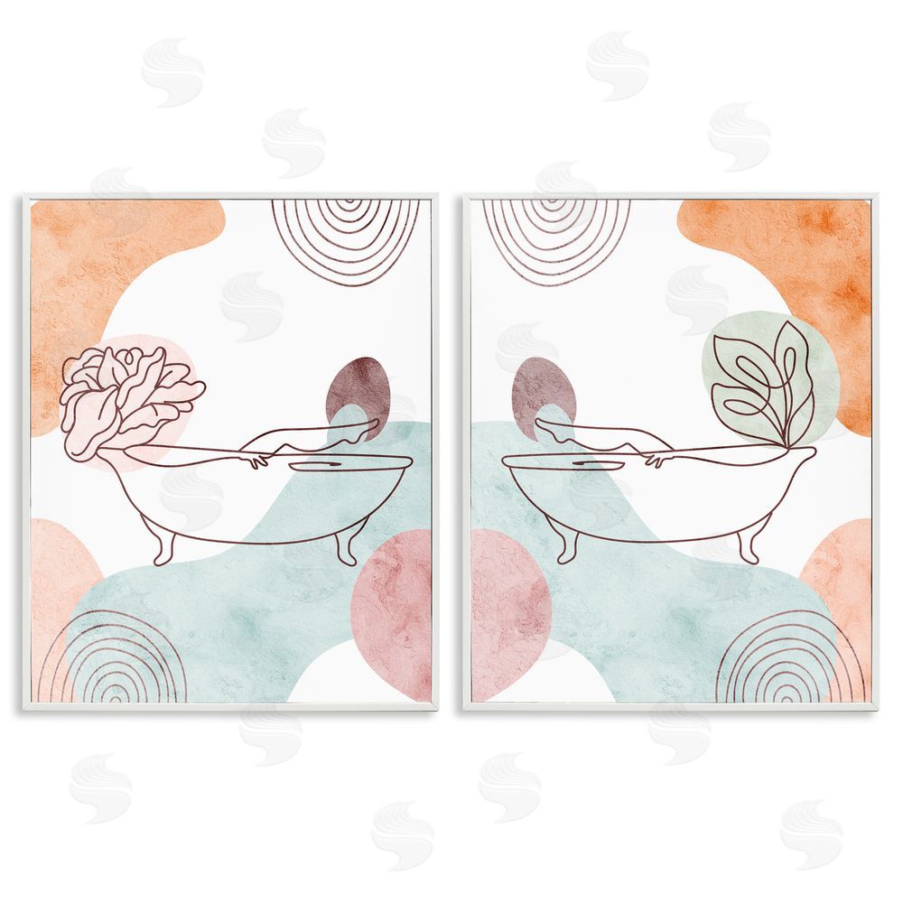 Stupell Studio Floral Bathtub Geometric Doodle Shapes White Framed Giclee Wall Art Print