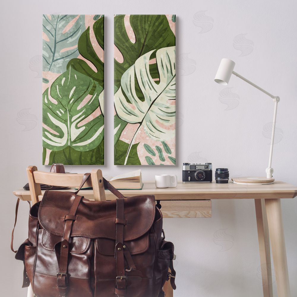Ziwei Li Modern Layered Monstera Leaves Canvas Wall Art Print in Room