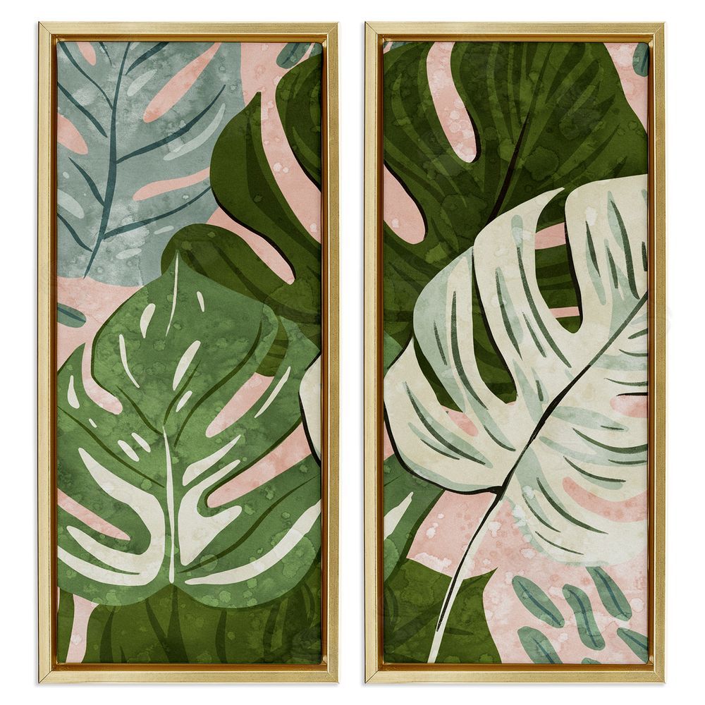 Ziwei Li Modern Layered Monstera Leaves Gold Floating Frame Canvas Wall Art Print