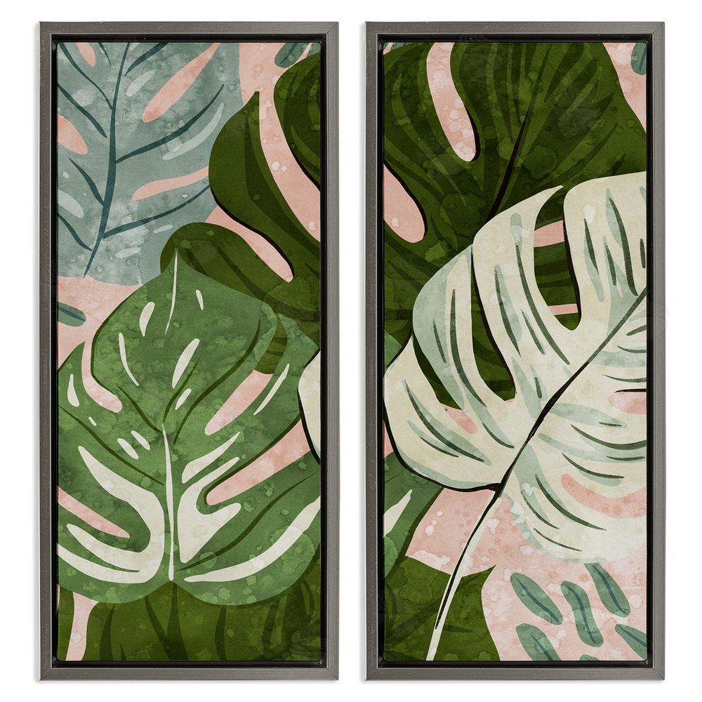 Ziwei Li Modern Layered Monstera Leaves Gray Floating Frame Canvas Wall Art Print
