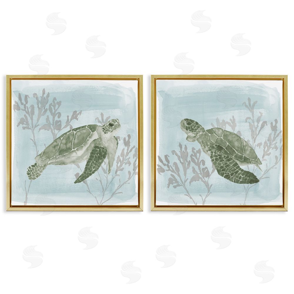 Lucille Price Underwater Sea Turtle Coral Landscape Gold Floating Frame Canvas Wall Art Print