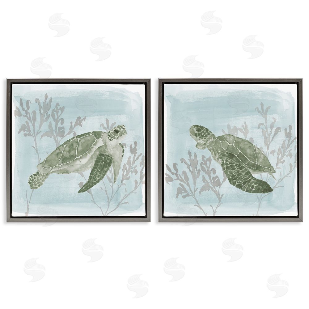 Lucille Price Underwater Sea Turtle Coral Landscape Gray Floating Frame Canvas Wall Art Print