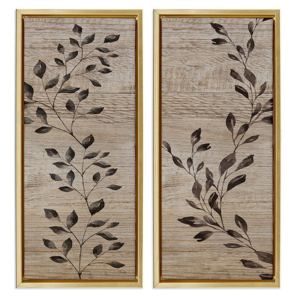 Yass Naffas Designs Rustic Botanical Winding Sprigs Gold Floating Frame Canvas Wall Art Print
