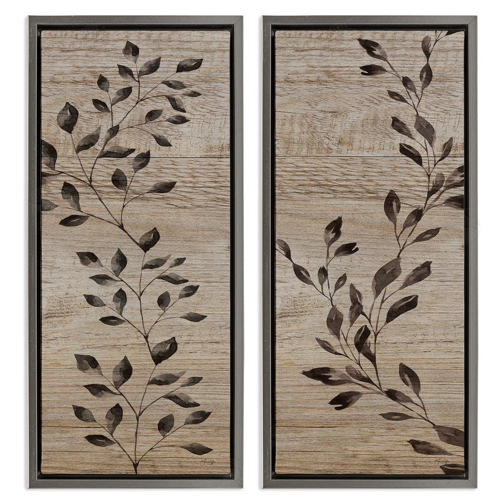 Yass Naffas Designs Rustic Botanical Winding Sprigs Gray Floating Frame Canvas Wall Art Print