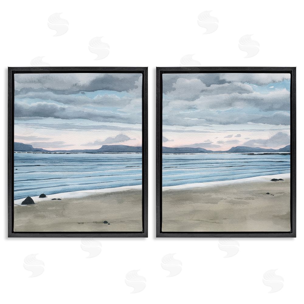 Grace Popp Cloudy Summer Beach Shore Watercolor Black Floating Frame Canvas Wall Art Print