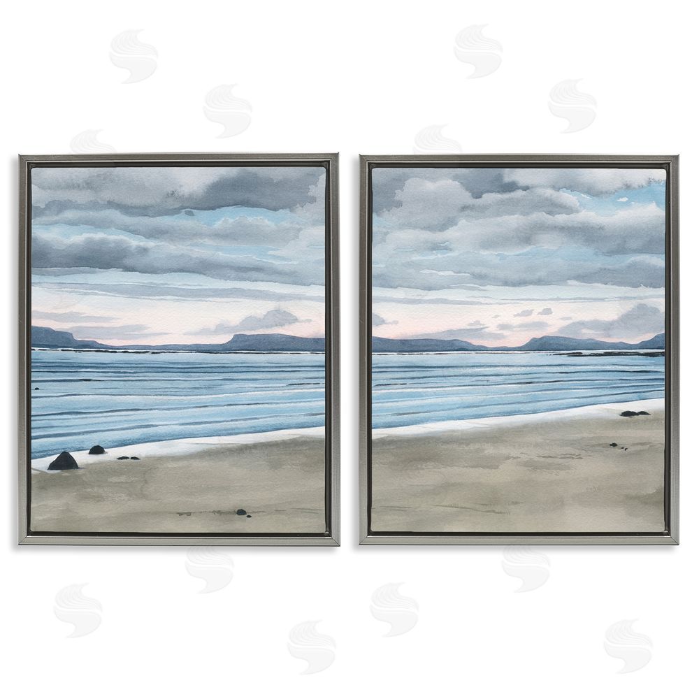 Grace Popp Cloudy Summer Beach Shore Watercolor Gray Floating Frame Canvas Wall Art Print