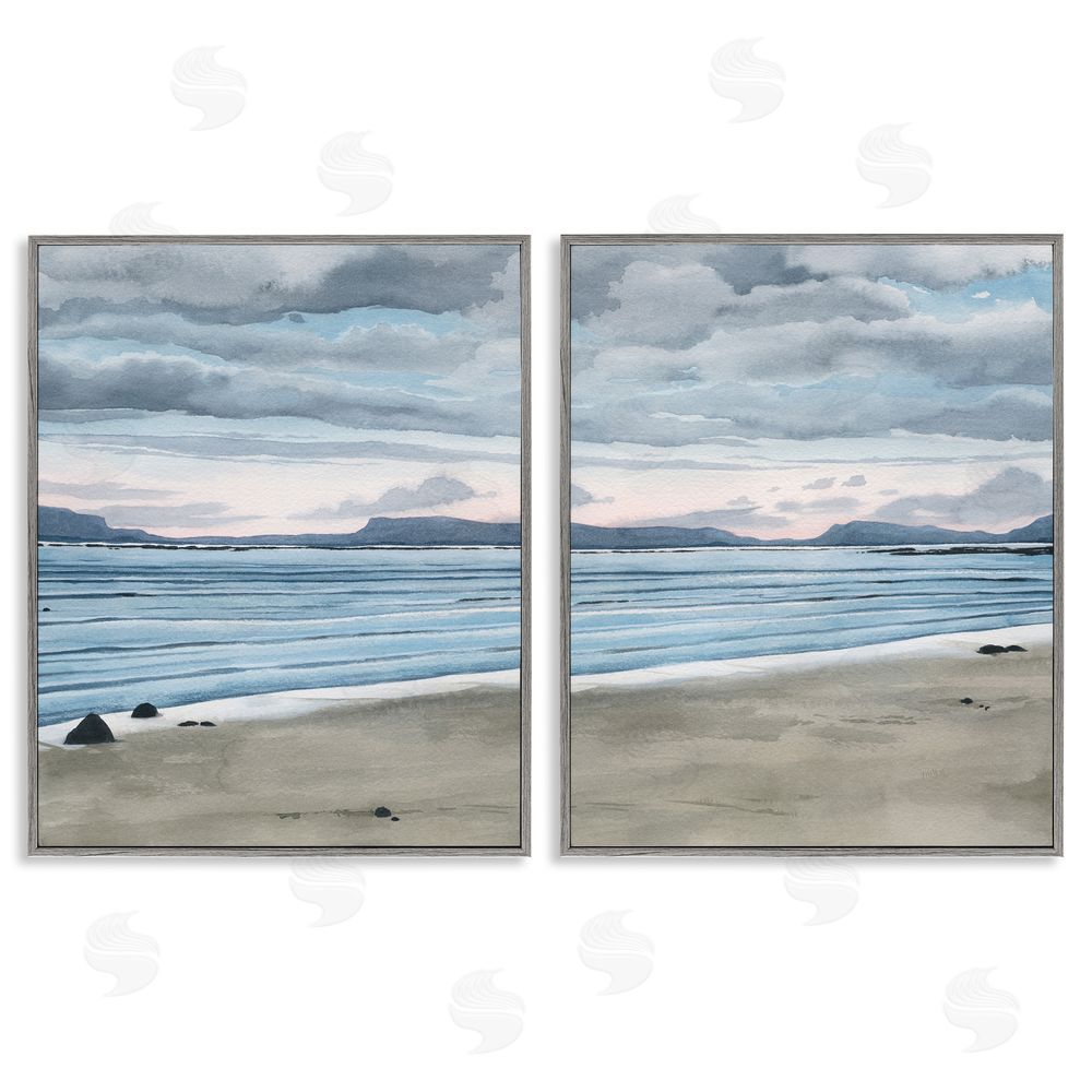 Grace Popp Cloudy Summer Beach Shore Watercolor Gray Framed Giclee Wall Art Print