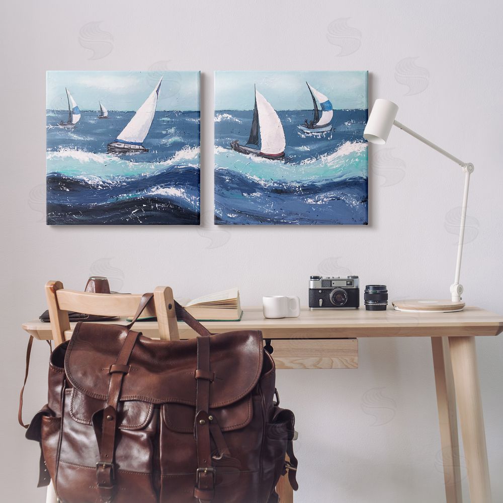 Jade Reynolds Sailboats Rough Ocean Waves Splash Canvas Wall Art Print in Room