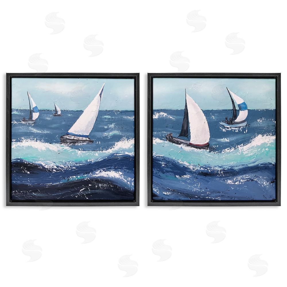 Jade Reynolds Sailboats Rough Ocean Waves Splash Black Floating Frame Canvas Wall Art Print