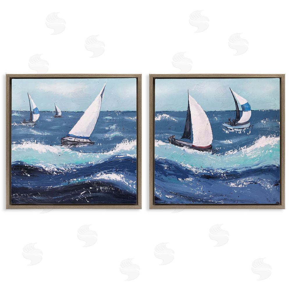 Jade Reynolds Sailboats Rough Ocean Waves Splash Brown Floating Frame Canvas Wall Art Print